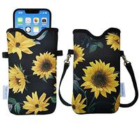 Tainada Men Women Neoprene Mobile Phone Sleeve Pouch Case Bag w/Crossbody Strap/Neck Lanyard for iPhone 17/16 Pro Max, Air, 16/15 Plus, 16e; Samsung S25+, S24, A56 (Sunflower Black)