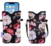 Tainada Men Women Neoprene Mobile Phone Sleeve Pouch Case Bag w/Crossbody Strap/Neck Lanyard for iPhone 17/16 Pro Max, Air, 16/15 Plus, 16e; Samsung S25+, S24, A56 (Black Floral)