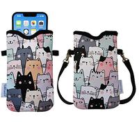 Tainada Men Women Neoprene Phone Sleeve Pouch Case Bag with Crossbody Strap/Neck Lanyard for iPhone 16/15/14 Pro Max, 16/15 Plus, Samsung S24+, A54, Google Pixel 9 (Doodle Cats Style 1)