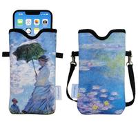 Tainada Men Women Neoprene Phone Sleeve Pouch Case Bag with Crossbody Strap/Neck Lanyard for iPhone 16/15/14 Pro Max, 16/15/14 Plus, Samsung S25, A55, Google Pixel 9 (Monet Water Lilies)