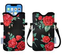 Tainada Men Women Neoprene Phone Sleeve Pouch Case Bag with Crossbody Strap/Neck Lanyard for iPhone 16/15/14 Pro Max, 16/15 Plus, Samsung S24+, A54, Google Pixel 9 (Red Rose Black)