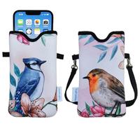 Tainada Neoprene Phone Pouch w/Crossbody, Neck Lanyard (Birds & Flowers) | For Men/Women; Lightweight cellphone case bag w/ adjustable lanyard; Original design, made in Taiwan; Fits most smartphones