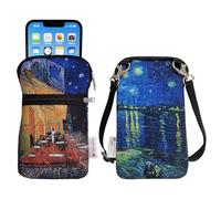 Tainada Neoprene Universal Cell Phone Double Zipper Sleeve Pouch Case Carrier Bag for Men Women w/Crossbody Strap/Neck Lanyard | Shock-Absorbing | Lightweight | (Van Gogh Café Terrace at Night)