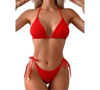 Tainehs Ribbed Two Piece Bikini Sets for Women Sexy Halter Triangle Top Swimsuit String Thong Bathing Suit, Red, XS