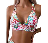 Tainehs Women's Bikini Tops V Neck Color Block Swimsuit Twist Front Bathing Suit, Red Tiny Flowers, Large
