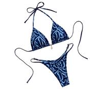 Tainehs Women's Brazillian Triangle Thong Bikini Set Sexy String Two Piece Swimsuit Bathing Suit, Blue Floral, XS