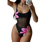 Tainehs Women's One Piece Swimsuits Sexy High Cut Leg Cheeky Coverage Swimswear Slimming Mesh Bathing Suits, Black Floral, S