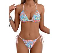 Tainehs Women's Sexy Halter Bikini Set Triangle Top String Swimwear Two Piece Swimsuits Cheeky Bathing Suit, Orange Floral, S