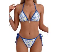 Tainehs Women's Sexy Halter Bikini Set Triangle Top String Swimwear Two Piece Swimsuits Cheeky Bathing Suit, Blue Floral Print, Medium