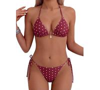 Tainehs Women's Sexy Halter Bikini Set Triangle Top String Swimwear Two Piece Swimsuits Cheeky Bathing Suit, Wine Red Polka Dot, XS