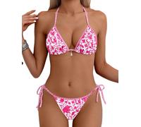 Tainehs Women's Sexy Halter Bikini Set Triangle Top String Swimwear Two Piece Swimsuits Cheeky Bathing Suit, Pink Flower4, S