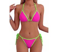 Tainehs Women's Sexy Halter Thong Bikini Tie Two Sides Bottom Triangle Bikini Swimsuits, Hot Pink-green, XS