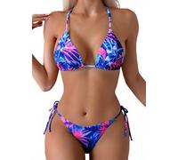 Tainehs Women's Sexy Halter Thong Bikini Tie Two Sides Bottom Triangle Bikini Swimsuits, Pink Flower, XX-Large