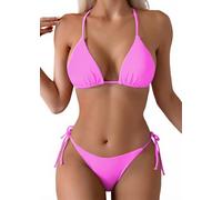 Tainehs Women's Sexy Halter Thong Bikini Tie Two Sides Bottom Triangle Bikini Swimsuits, Pink1, XL