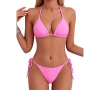 Tainehs Women's Sexy Halter Thong Bikini Tie Two Sides Bottom Triangle Bikini Swimsuits, Pink1, XS