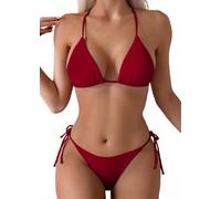 Tainehs Women's Sexy Halter Thong Bikini Tie Two Sides Bottom Triangle Bikini Swimsuits, Wine Red, Small