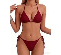 Tainehs Women's Sexy Halter Thong Bikini Tie Two Sides Bottom Triangle Bikini Swimsuits, Wine Red, X-Large