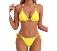 Tainehs Women's Sexy Halter Thong Bikini Tie Two Sides Bottom Triangle Bikini Swimsuits, Yellow, Large