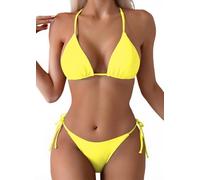 Tainehs Women's Sexy Halter Thong Bikini Tie Two Sides Bottom Triangle Bikini Swimsuits, Yellow, X-Large