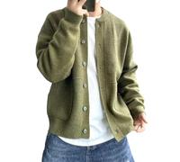 Tainrunse Single-breasted Cardigan Knit Coat Men's Fall Winter Sweater Round Neck Knitted with Thick Pockets Warm Cozy Green M
