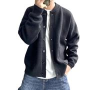 Tainrunse Single-breasted Cardigan Knit Coat Men's Fall Winter Sweater Round Neck Knitted with Thick Pockets Warm Cozy Black L