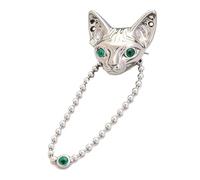 TAIOYHD Sphynx Cat Pin with Hanging Chain, Gothic Silver Tone Cat Brooch for Clothes Bags, Emerald Eye Kitten Lapel Pin with Extra Backs(1PS)