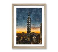 Taipei City In Taiwan Abstract Painting Modern Framed Print | A2 Oak Framed Wall Art | Ready to Hang | Abstract Cityscape Picture | Living Room Bedroom Lounge Office