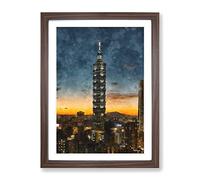 Taipei City In Taiwan Abstract Painting Modern Framed Print | A4 Walnut Framed Wall Art | Ready to Hang | Abstract Cityscape Picture | Living Room Bedroom Lounge Office