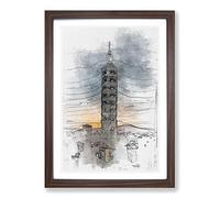 Taipei City in Taiwan Abstract Sketch Framed Print | A2 Walnut Framed Wall Art | Ready to Hang | Abstract Cityscape Picture | Living Room Bedroom Lounge Office