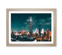 Taipei City Taiwan In Abstract Modern Art Framed Print | A3 Oak Framed Wall Art | Ready to Hang | Abstract Cityscape Picture | Living Room Bedroom Lounge Office