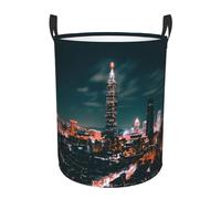Taipei Scenery Round Single-Layer Laundry Hamper With Full Wrap Print, Water-Resistant Polyester Fabric For Home Car Storage