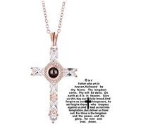Taiping Lake Creative Cross Projection Necklace Choker Crystal Cross Lord's Prayer Cross Necklace for Friends Father's Mother's Parents Gift, Rose Gold