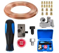 Taipintee 4.75 mm Universal Flaring Tools for Brake Line Set, Durable and Portable, with 4.76 mm Diameter 7.62 m Brake Line, 16 Gold Fittings 25 FT and 1 Copper Pipe Cutter (Golden Yellow + Blue)