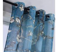 Taisier Home Apricot Blossom Sheer Curtains Printed,Vintage Blue Curtain Drapes for Bedroom/Nursery Elegant Decorative Curtains 2 Panels Set,Ring Top Style Print Drapes,52" W×63”L