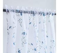 Taisier Home Floral White Sheer Curtains Flower Print Vine Embroidery Bedroom Curtain Rod Pocket Voile Curtains for Living Room, 52 x 84 inches Long, Set of 2 Panels,Blue Buds with Green Branch