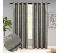 Taisier Home Gold Foil Print Linen Textured Curtains - Geometric Dots Pattern Design for Bedroom & Living Room - Thermal Insulated Window Treatment, 2 Panels, 84" L, Dark Grey & Gold
