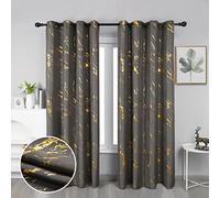 Taisier Home Gold Foil Print Linen Textured Curtains - Geometric Marble Pattern Design for Living Room - Light Filtering Window Treatment, 2 Panels, 84" L, Dark Grey and Gold