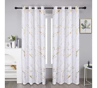 Taisier Home Gold Foil Print Linen Textured Curtains - Geometric Marble Pattern Design for Living Room - Thermal Insulated Window Treatment, 2 Panels, 63" L, White and Gold