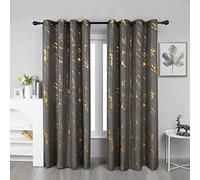 Taisier Home Gold Foil Print Linen Textured Curtains - Geometric Marble Pattern Design for Living Room - Light Filtering Window Treatment, 2 Panels, 72" L, Dark Grey and Gold