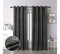 Taisier Home Silver Foil Print Linen Textured Curtains - Geometric Dots Pattern Design for Bedroom & Living Room - Thermal Insulated Window Treatment, 2 Panels, 84" L, Black & Silver