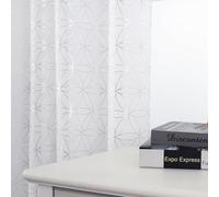 Taisier Home Silver Linen Grommet Window Curtain Panels Metallic Geo Moroccan Tile Foil Print White Semi Sheer Draperies for Bedroom Living Room,Light Filtering Window Treatments,52" Wx72 L,2 Panels