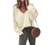 TAITUS Women's Casual V Neck Sweaters Long Sleeve Pullover,Long Sleeve Shirts for Women,Loose Fit Lightweight Sweaters,Autumn and winter V-neck long-sleeved sweater for Women (L,Beige)
