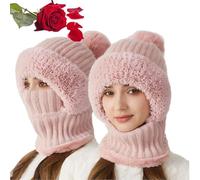TAITUS Women's Knitted Hat in Autumn and Winter,3 in 1 Cold Resistant Hat,Womens Winter Warm Beanies Hat,Wind-Resistant Scarf Hat Face Mask,Cold Wind Warm Resistant Hooded Scarf Face Mask (Pink)
