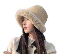 Womens Winter Faux Fur Bucket Hat,Velvet Thickened Fisherman Hat,Thickened Warm Plush Bucket Hat for Winter,Plush Bucket Hat, Corduroy Trendy Winter Hat Fluffy Warm for Girls Women (Beige)
