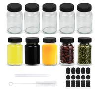 TAIXING 10 Pcs 60ml Glass Shot Bottles with Lids, Wide Mouth Leakproof Ginger Shot Bottles Glass, Small Reusable Juice Bottle for Ginger Oils Sauce, Black Lid (Labels, Brush, Marker Included)