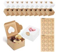 TAIXING 20 Pcs Individual Cupcake Boxes, 4 Inch Brown/White Small Cake Boxes with Heart Shape Clear Window, Mini Bakery Boxes with Stickers for Cakes Pastries Donuts Chocolate Cookies Candies Treats