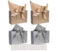 TAIXING 4Pcs Champagne and Gray Gift Bag, Gift Bags for Presents with Bow Ribbon, Gift Bags Medium with Tissue Paper, Birthday Gift Bag for Weddings Party Celebration Graduation Congratulations