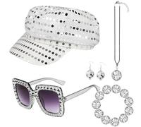 TAIXING 5 Pcs Abba Accessories, 70s Disco Accessories for Women, Disco Costume Set with Sequin Glitter Hat, Bling Sunglasses, Retro Earrings, Abba Dress Up for Theme Party, Dance & Birthday (Silver)