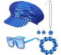 TAIXING 5 Pcs Abba Accessories, 70s Disco Accessories for Women, Disco Costume Set with Sequin Glitter Hat, Bling Sunglasses, Retro Earrings, Abba Dress Up for Theme Party, Dance & Birthday (Blue)