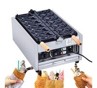 Taiyaki Maker 3000W Commercial Fish Waffle Iron, Double Row Nonstick Coating, Adjustable Temp 50-300C, Stainless Steel Body, Fast Cooking for Home Business Use